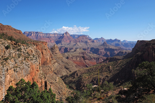 Early morning view from New Hance Trail in Grand Canyon National Park, Arizona under clear blue sky.