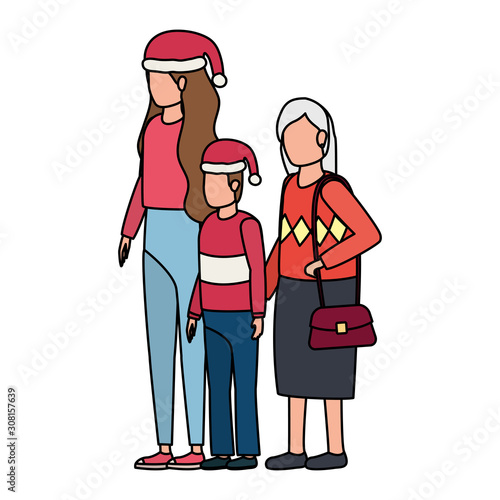 grandmother with daughter and grandson using christmas hat