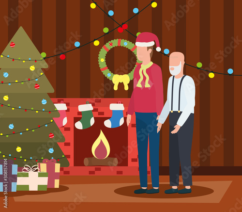 cute grandfather with young son in room christmas decorated