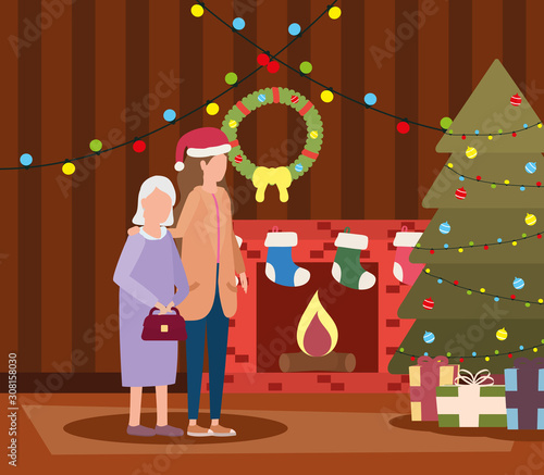 cute grandmother with daughter in room christmas decorated