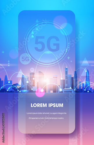 smart city 5G online communication network wireless systems connection concept fifth innovative generation of global high speed internet smartphone screen online mobile app vertical vector