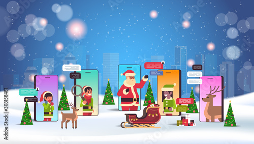 santa claus with elves helpers using chatting app social network communication new year christmas holidays celebration concept smartphone screen online mobile application portrait horizontal vector