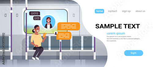 subway passenger using smartphone social network chat bubble communication concept woman chatting with friend online mobile app public transport underground tram interior portrait horizontal vector