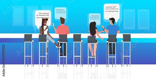 people using chatting app menwomen sitting at counter desk social network speech chat bubble communication concept rear view visitors relaxing modern cafe interior horizontal full length vector photo