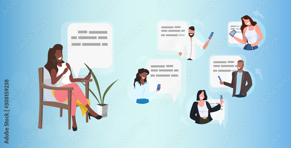 woman using smartphone chatting with mix race friends social network speech chat bubble communication concept african american girl sitting on armchair full length horizontal vector illustration woman using smartphone chatting with mix race friends social network speech chat bubble communication concept african american girl sitting on armchair full length horizontal vector illustration
