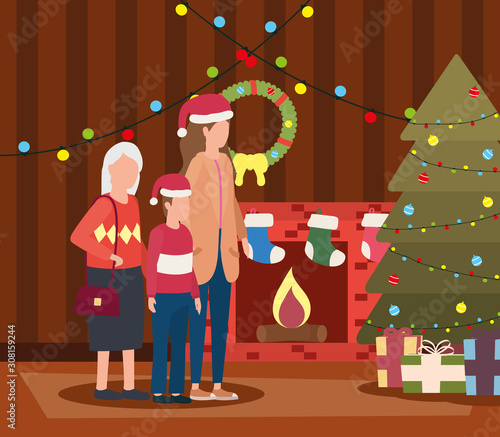 grandmother with daughter and grandson in room christmas decorated