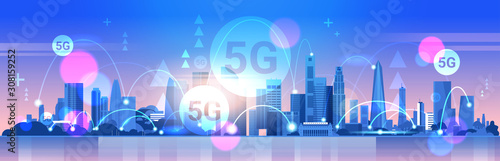 smart city 5G online communication network wireless systems connection concept fifth innovative generation of global high speed internet modern cityscape background flat horizontal banner vector