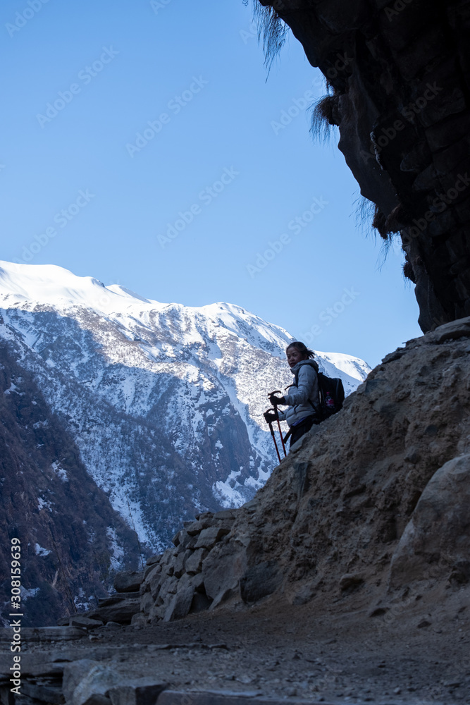 Trekker on the way to Annapurna base camp. Nepal Trekker on the way to Annapurna base camp. Nepal
