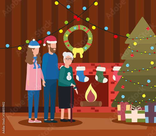 cute grandmother with young couple using christmas hat