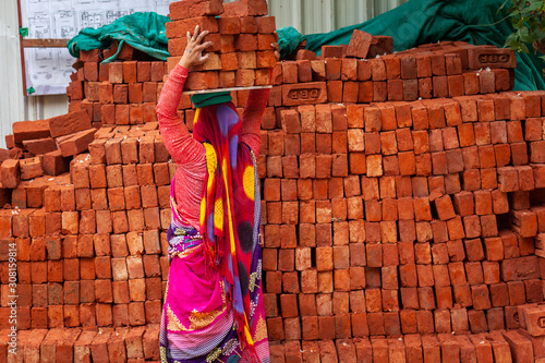 A woman carrying bricks on her head in Delhi, India
