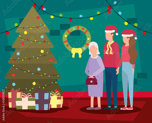 cute grandmother with young couple using christmas hat