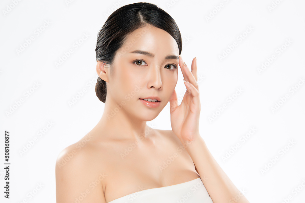 Beautiful young Asian woman touching soft cheek and smile with clean and fresh skin. Happiness and cheerful with, on white background, Beauty and Cosmetics Concept, Beautiful young Asian woman touching soft cheek and smile with clean and fresh skin. Happiness and cheerful with, on white background, Beauty and Cosmetics Concept,