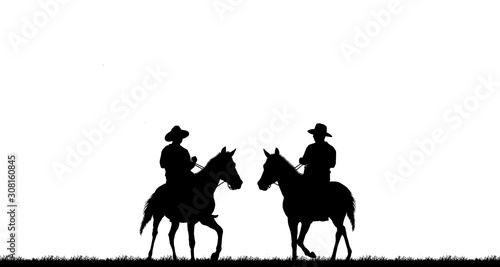 silhouette cowboy riding horse on white background