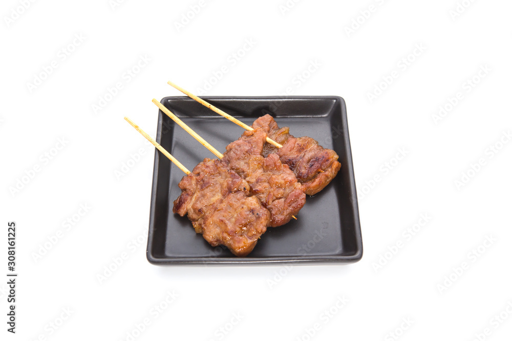 Pork stick grilled on white isolated background. Traditional Thai breakfast food.