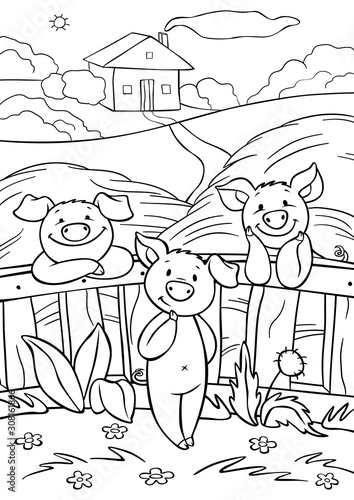 Coloring pages. Three little cute pigs are near the fence in the hay.
