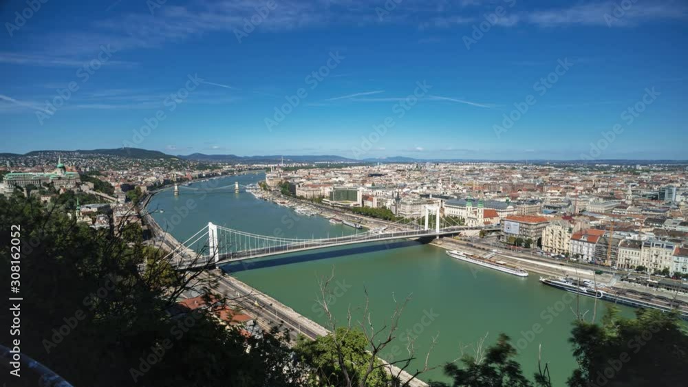 Wide angle timelapse video of the Elizabeth Bridge crossing the Danube river in Budapest, Hungary Wide angle timelapse video of the Elizabeth Bridge crossing the Danube river in Budapest, Hungary