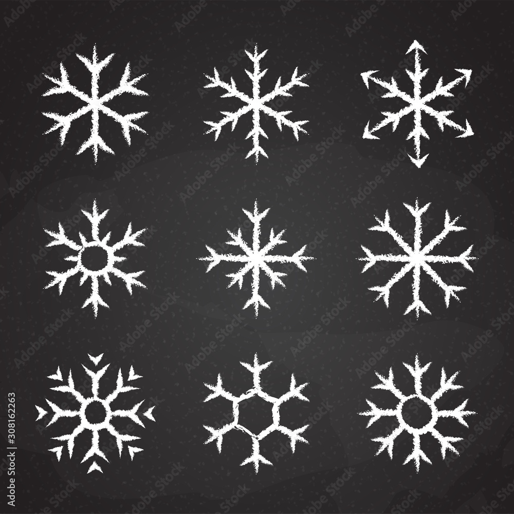 Frozen snowflake symbol collection vector illustration. Chalk style line white snowflakes isolated on blackboard for abstract christmas celebration design or winter season decoration ornament Frozen snowflake symbol collection vector illustration. Chalk style line white snowflakes isolated on blackboard for abstract christmas celebration design or winter season decoration ornament