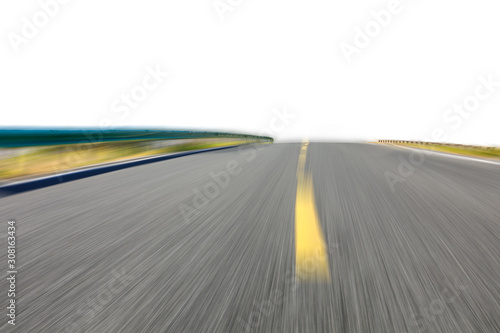 Motion blurred asphalt road on white background.