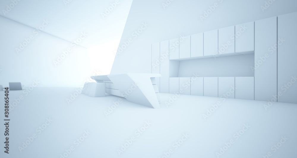 Obraz premium Abstract architectural white interior of a minimalist house with swimming pool. 3D illustration and rendering.