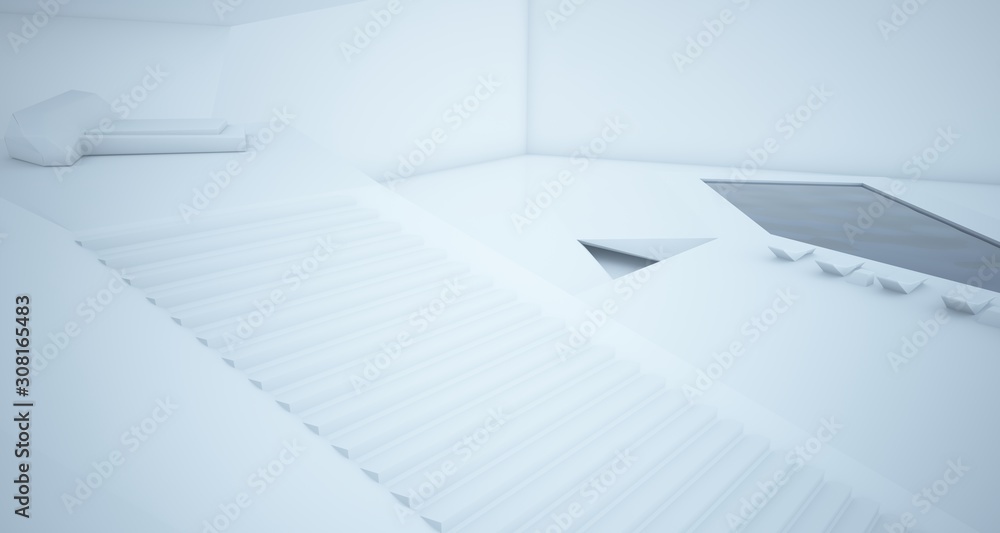 Abstract architectural white interior of a minimalist house with swimming pool. 3D illustration and rendering. Abstract architectural white interior of a minimalist house with swimming pool. 3D illustration and rendering.