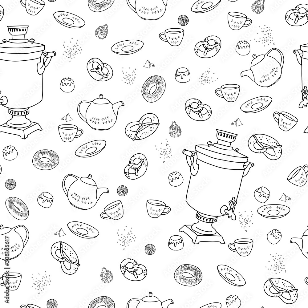 Tea party icon set pattern. Warm and cozy hand drawn vector illustration with cups of tea, a samovar and sweet pastries. Elements for greeting cards, posters, stickers and seasonal design.