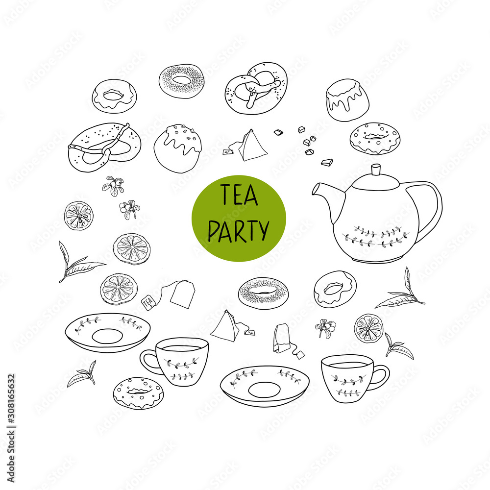 Tea party icons set. Warm and cozy hand drawn vector illustration with ...