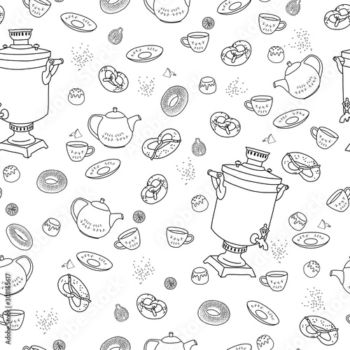 Tea party icon set pattern. Warm and cozy hand drawn vector illustration with cups of tea, a samovar and sweet pastries. Elements for greeting cards, posters, stickers and seasonal design.