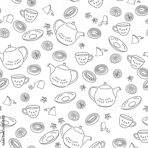 Tea party icon set pattern. Warm and cozy hand drawn vector illustration with cups of tea, a samovar and sweet pastries. Elements for greeting cards, posters, stickers and seasonal design.