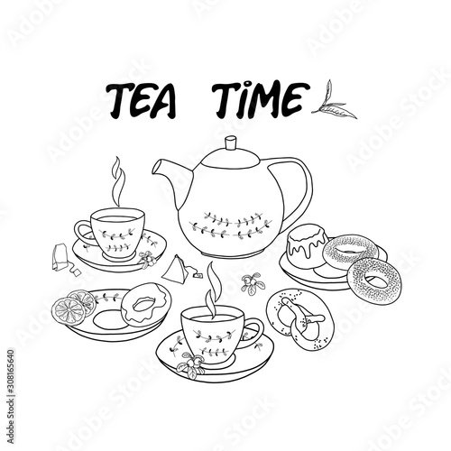 Tea time. Tea party icons set. Warm and cozy hand drawn vector illustration with cups of tea, a samovar and sweet pastries. Elements for greeting cards, posters, stickers and seasonal design.