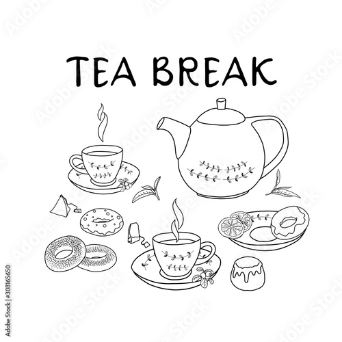 Tea Break. Tea party icons set. Warm and cozy hand drawn vector illustration with cups of tea, a samovar and sweet pastries. Elements for greeting cards, posters, stickers and seasonal design.