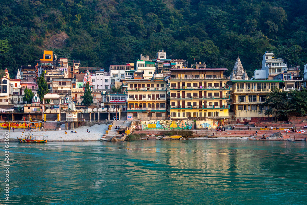 View of Rishikesh over the Ganga river. Rishikesh is the yoga and meditation capital in India.