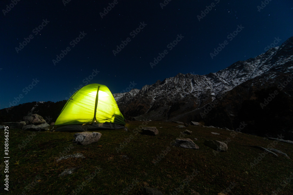 Camping at Snowline on the Triund trek in Mcleod Ganj, India