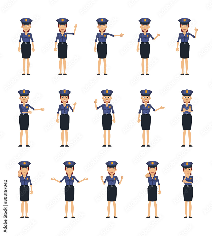 Big set of policewoman characters showing different hand gestures. Cheerful police officer showing thumb up, greeting, pointing, victory, stop sign and other hand gestures. Simple vector illustration