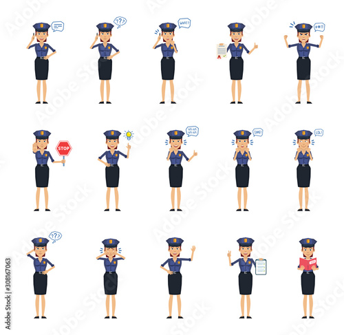 Big set of policewoman characters showing different actions, gestures, emotions. Cheerful police officer talking on phone, holding stop sign, book and doing other actions. Simple vector illustration