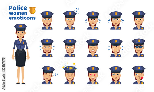 Big set of policewoman emoticons. Female police officer emojis showing different facial expressions. Happy, sad, smile, laugh, surprised, serious, tired and other emotions. Simple vector illustration