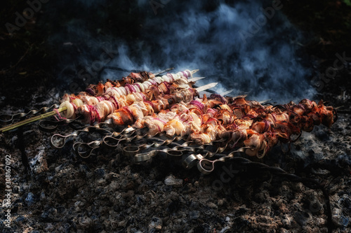 Skewered meat cooked over an open fire