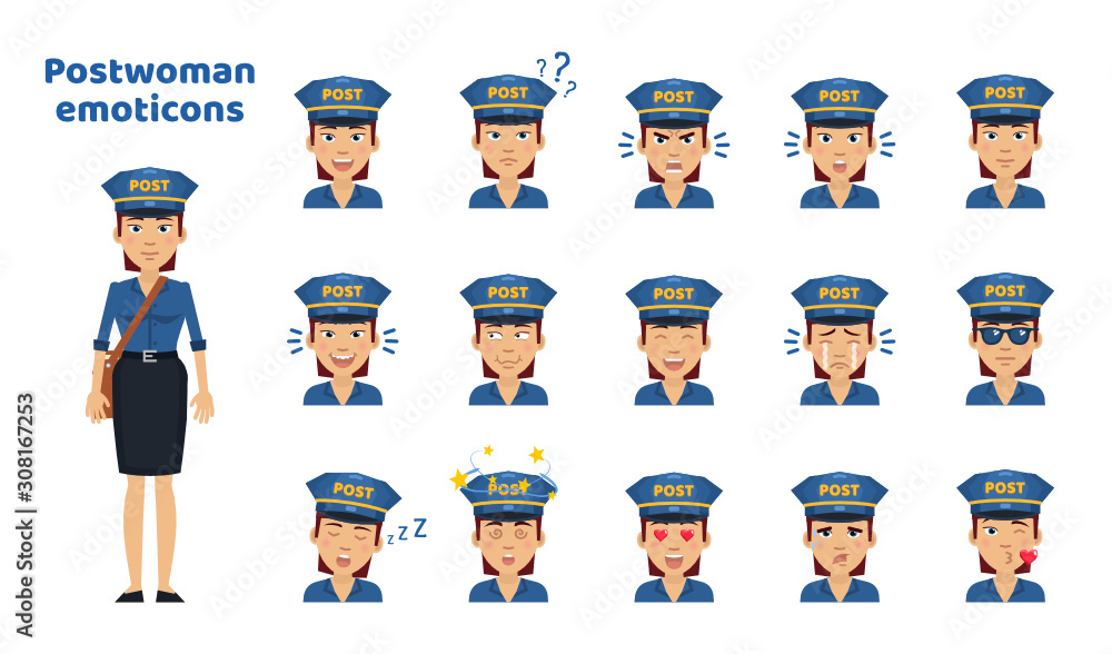 Big set of postwoman emoticons. Mail carrier emojis showing different facial expressions. Happy, sad, smile, laugh, cry, angry, sleepy, in love and other emotions. Simple vector illustration