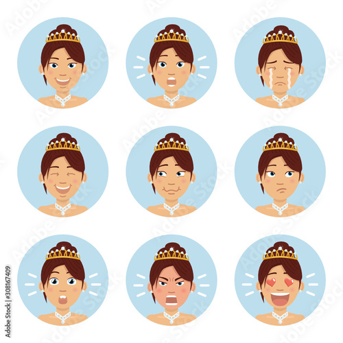 Set of princess emoticons. Woman avatars showing different emotions. Happy, sad, cry, smile, laugh, angry, love, think and other facial expressions. Flat style vector illustration