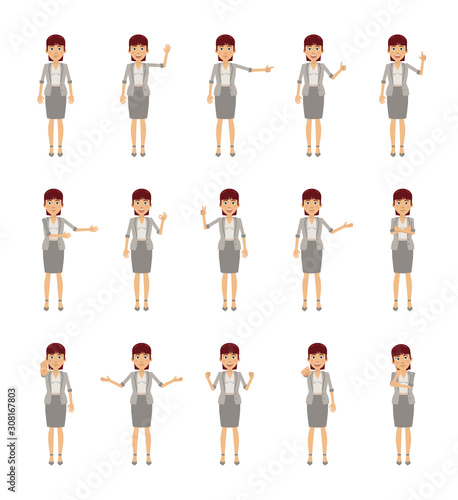 Big set of business woman characters showing different hand gestures. Cheerful woman showing thumb up, pointing, greeting, victory, stop sign and other hand gestures. Simple vector illustration