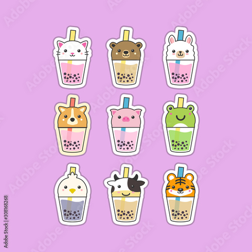 cute boba tea animals characters design