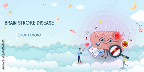 Brain stroke disease. Heart awareness concept. Atherosclerosis stages. The red epicenter of the pain of the brain, health care cartoon. Suitable For Wallpaper, Banner, Background.Vector Illustration