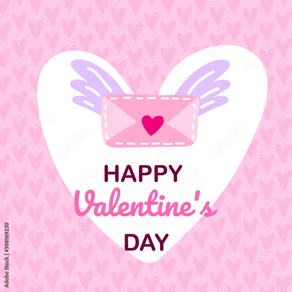 Romantic cute ready-to-use gift romantic card with a letter with wings and a place for text. Vector printable valentines day card, invitation, pink poster design template. Romantic cute ready-to-use gift romantic card with a letter with wings and a place for text. Vector printable valentines day card, invitation, pink poster design template.
