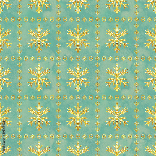 Watercolor glitter Scandinavian Christmas  seamless pattern border with deers pine trees and snowflakes photo