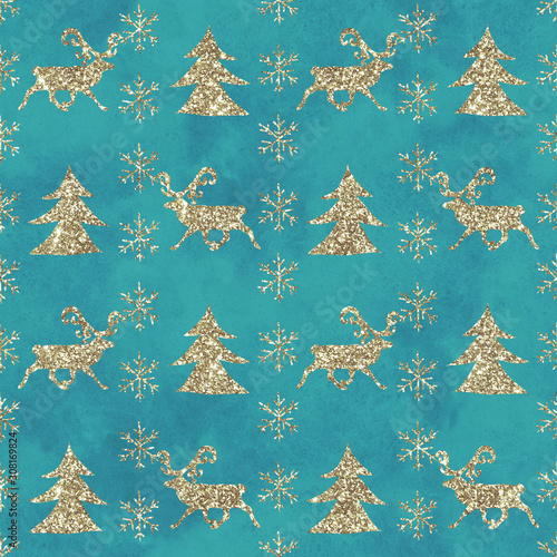 Watercolor glitter Scandinavian Christmas  seamless pattern border with deers pine trees and snowflakes photo