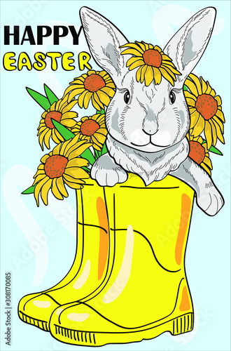 Cute rabbit sitting in yellow boots on a background of flowers. Happy Easter - the lettering. bunny Postcard, poster, composition for t-shirts, print in the style of hand-drawn