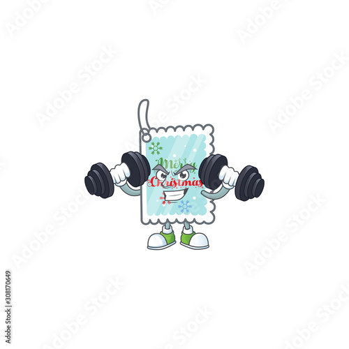 Fitness exercise christmas greeting card cartoon character holding barbells
