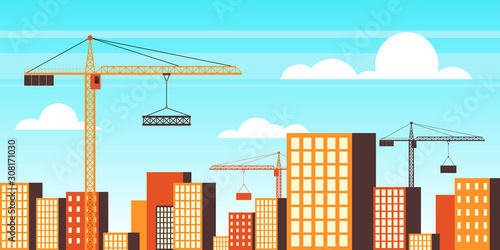 cityscape and tower cranes  vector flat illustration.