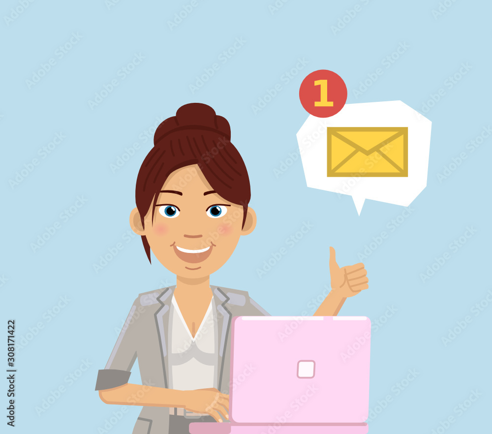 Illustration of a businesswoman sitting with laptop and showing thumb up gesture. Email, message receive concept. Flat style vector illustration