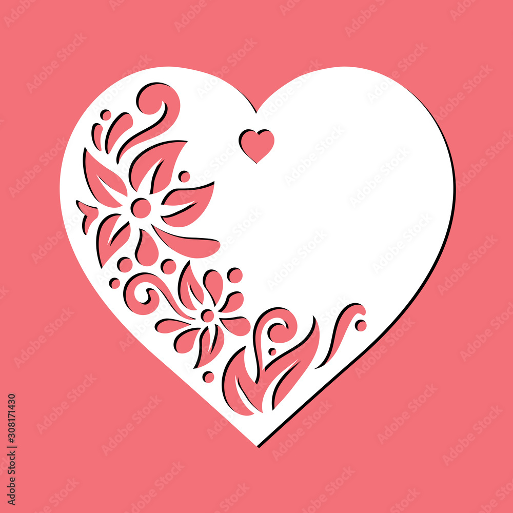 Openwork heart with a lace ornament. Laser cut template. Happy Valentine's Day sign, icon of love symbol. Vector silhouette of beautiful element. Cutting illustration isolated on red background.