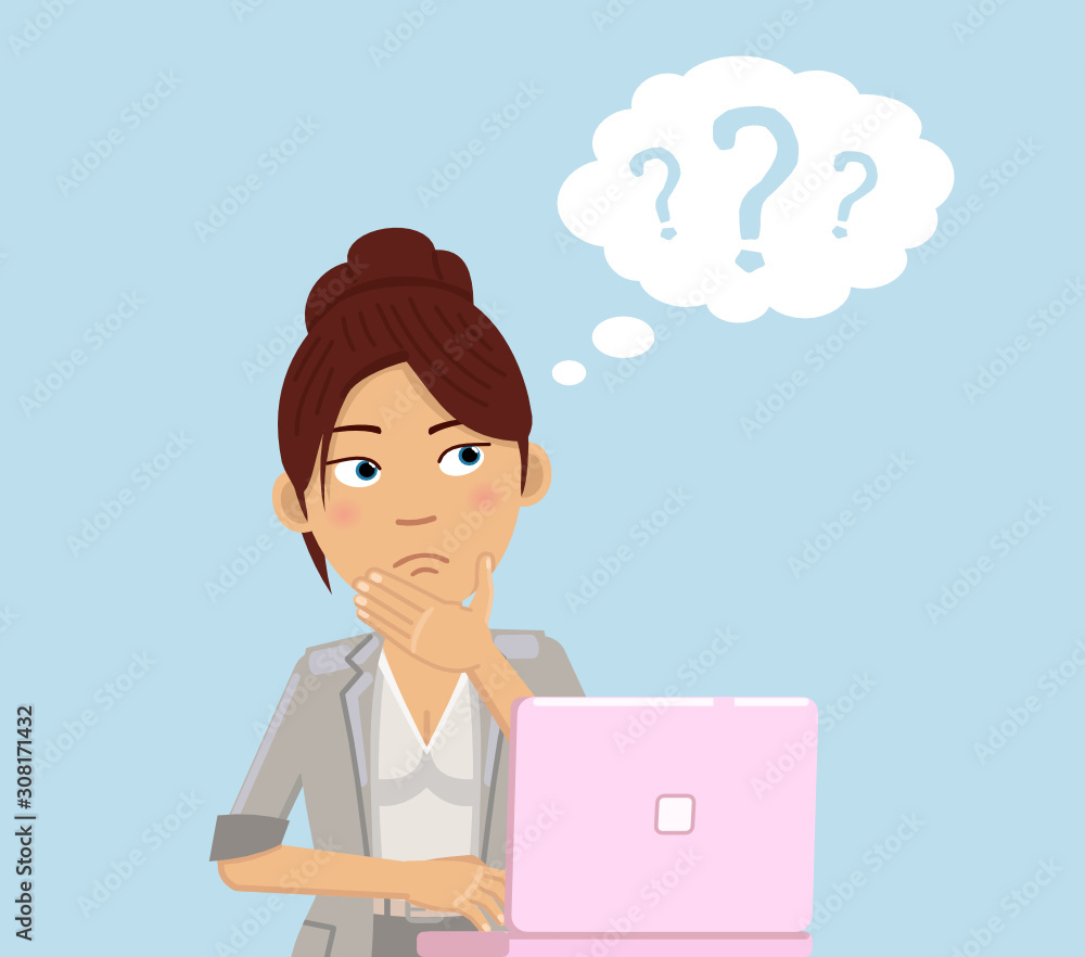 Illustration of a businesswoman sitting with laptop and thinking. Confused businesswoman making decision. Flat style vector illustration Illustration of a businesswoman sitting with laptop and thinking. Confused businesswoman making decision. Flat style vector illustration